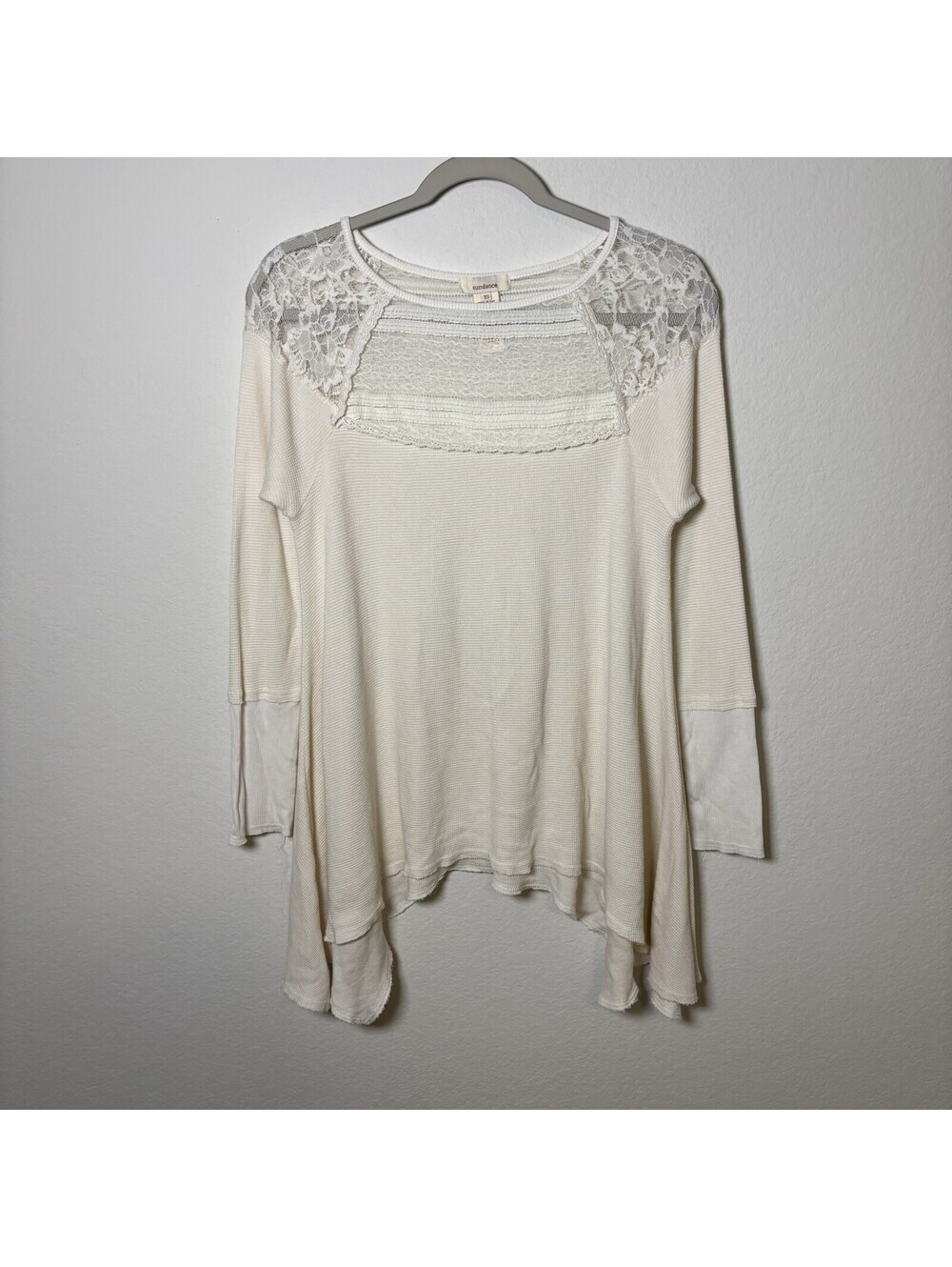 Sundance White Waffle Knit Long Sleeve Henley Lace Boho Bohemian Size XS Whimsy